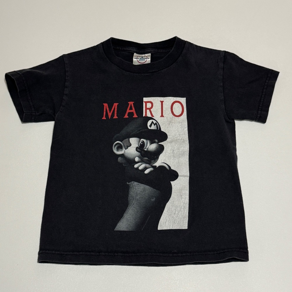 Vintage Mario Graphic T Shirt Pro Weight Youth Size 6/6X Black Red